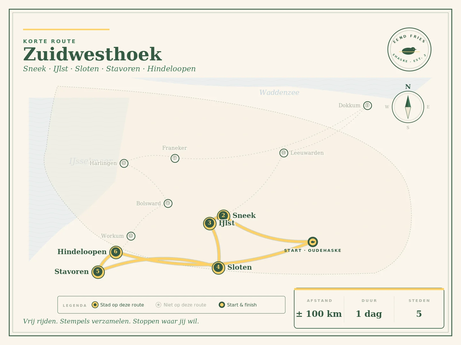 Kaart van de korte route: Sneek, IJlst, Sloten, Stavoren en Hindeloopen